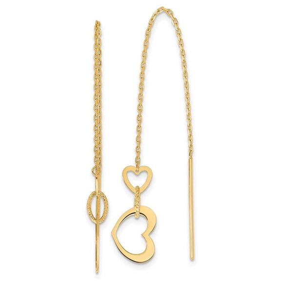 Kazi Luxury 14k Yellow Gold Polished Hearts Dangle Threader Earrings